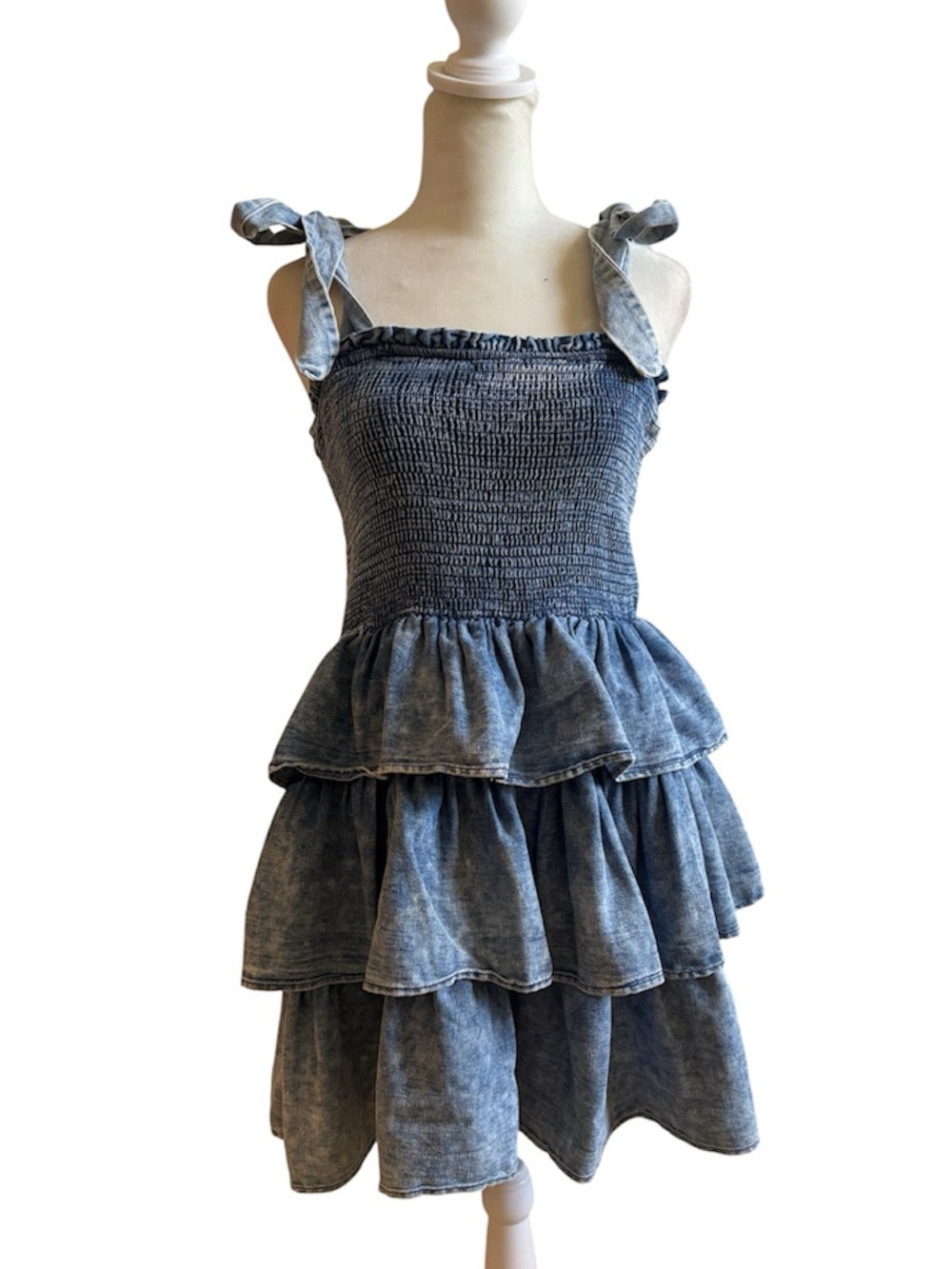 Smocked Tiered Denim-Look Mini Dress in Washed Blue Size L NWOT